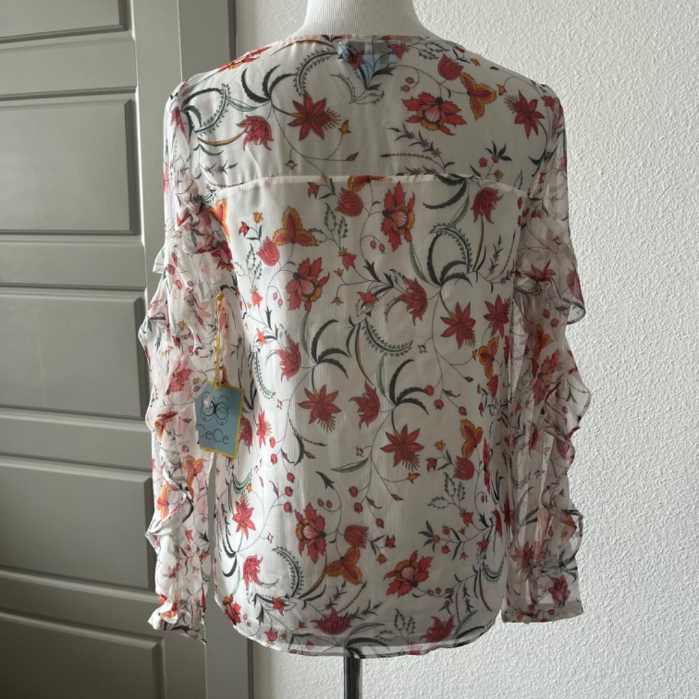 CeCe Floral Sheer Blouse White Long Sleeve Small - Picture 3 of 6